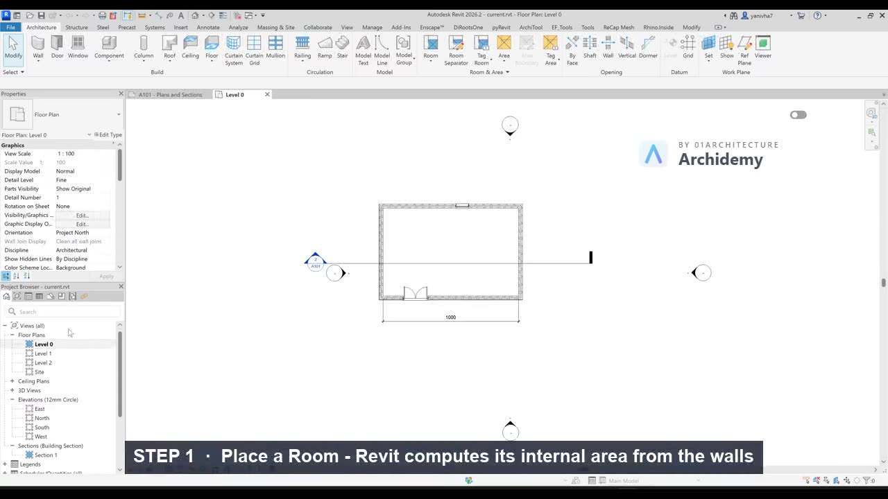 Place a Room — Revit computes its internal area from the walls