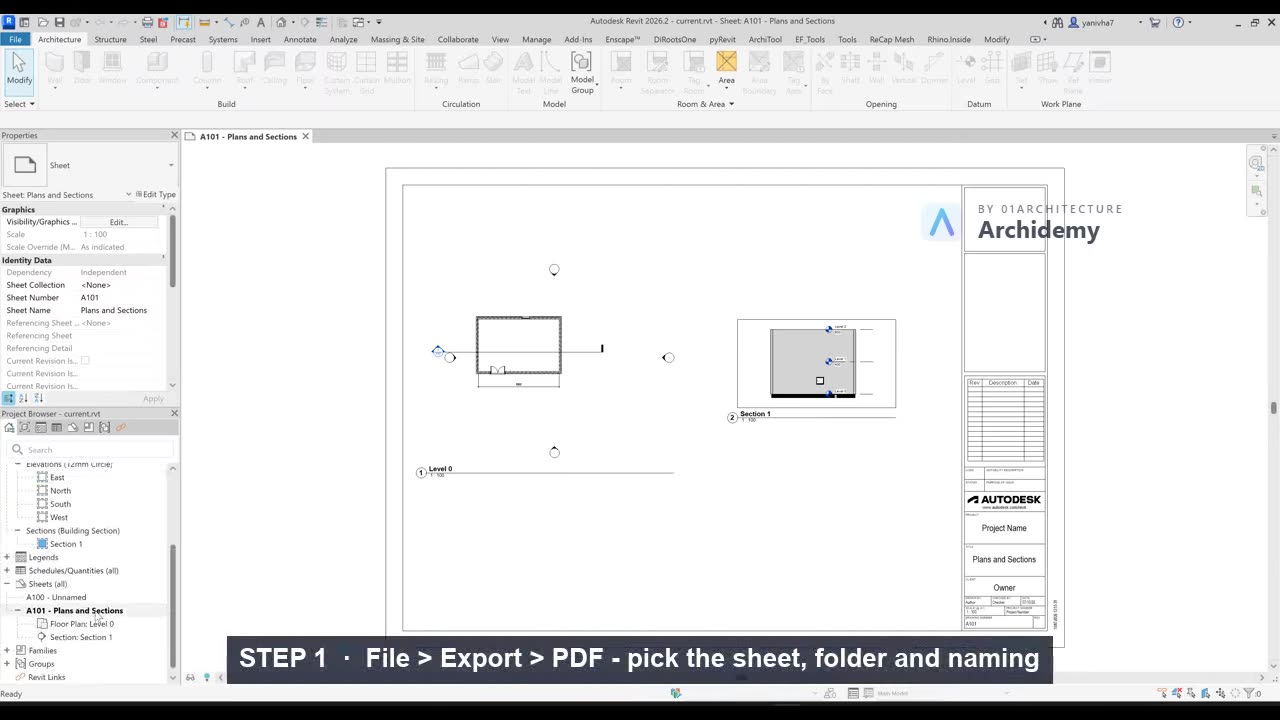 File → Export → PDF — the sheet becomes a true-size vector PDF